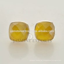 New Fashion 925 Sterling Silver Yellow Calcedonia Gemstone Stud Earrings, Handmade Bezel Gemstone Jewelry Manufacturer